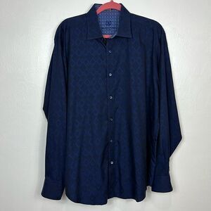 Bugatchi Blue Diamond Pattern Cotton Classic Fit Button Down Shirt Size L